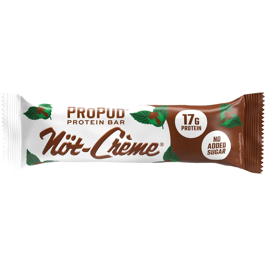 NJIE ProPud Proteinbar 55 g i en vit och brun förpackning med hasselnötter för smaken Nöt-crème., bild 6 av 8