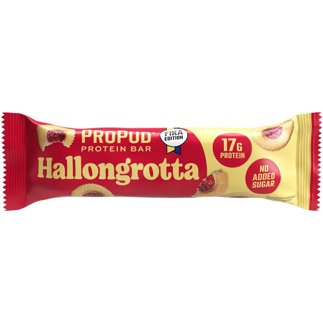 NJIE ProPud Proteinbar 55 g i en röd och gul förpackning för smaken Hallongrotta., bild 7 av 8