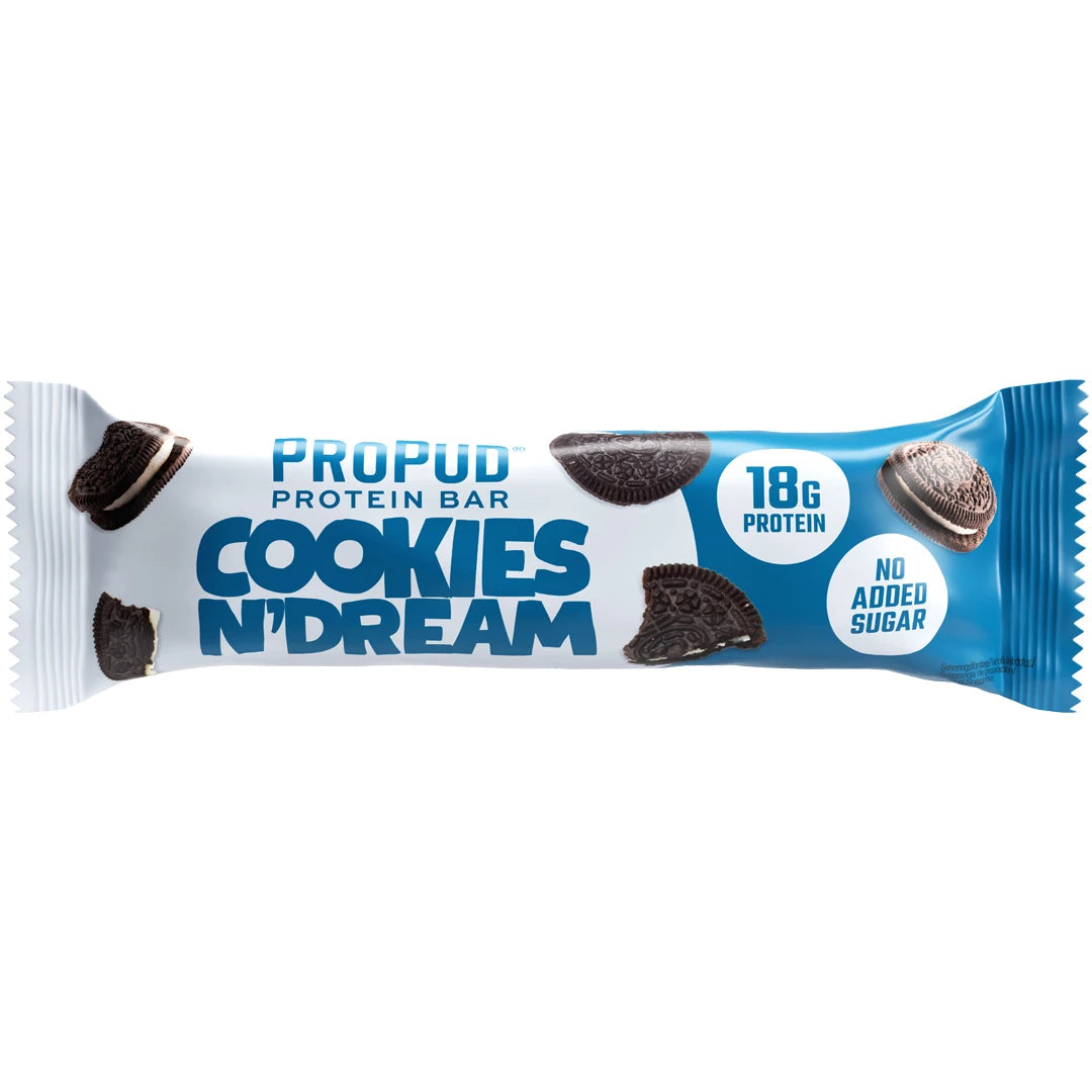 NJIE ProPud Proteinbar 55 g i en vit och blå förpackning för smaken Cookies N' Dream., bild 8 av 8