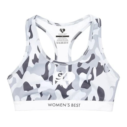 Womens Best Camo Fit Bra sport-bh i stretchigt grått kamouflagemönster med logotyp på det vita elastiska underbandet., bild 1 av 2