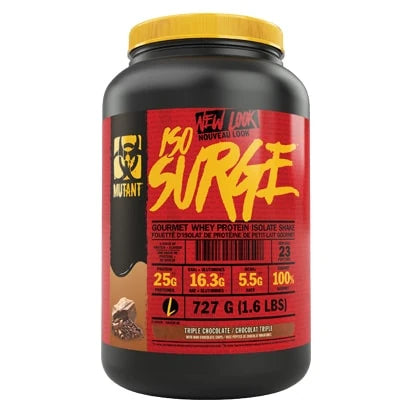 Mutant Nutrition ISO Surge 2.27 kg proteinpulver i en svart burk med gult lock och röd etikett.