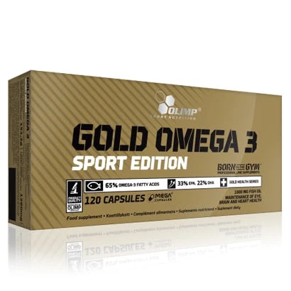 Olimp Gold Omega-3 Sport Edition 120 caps i en rektangulär guldfärgad ask med svarta detaljer.