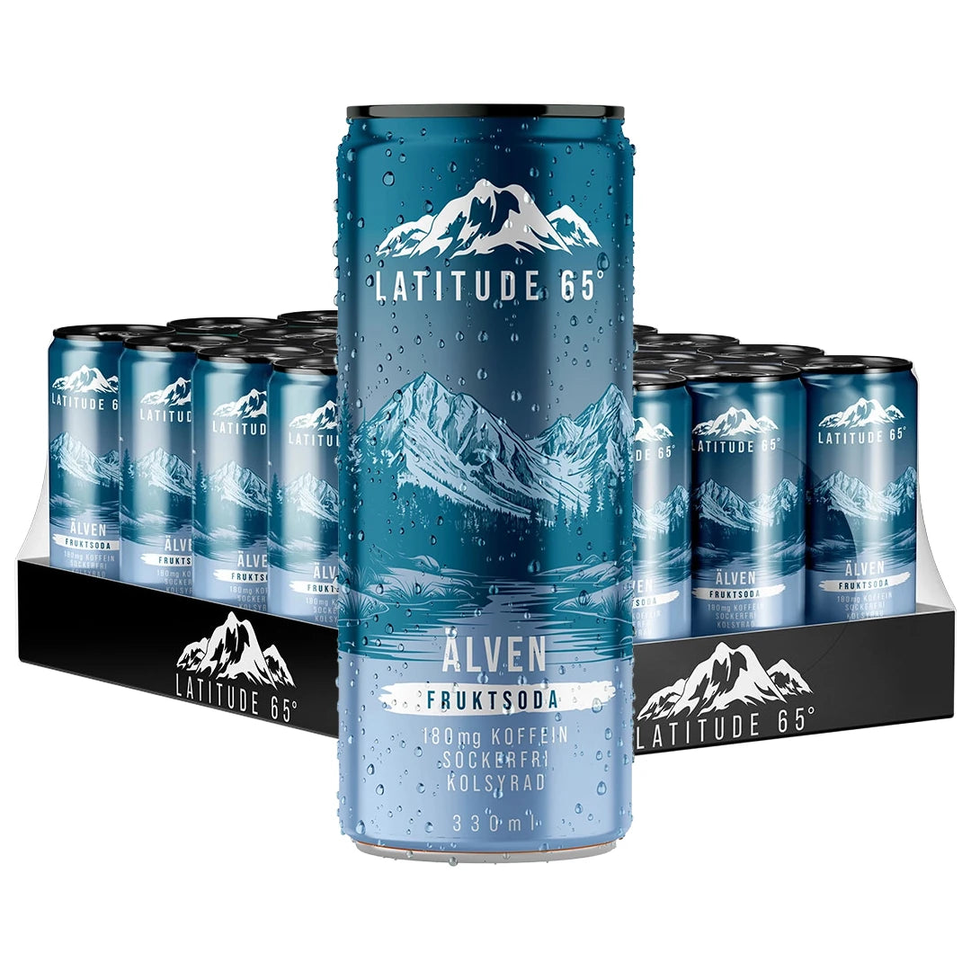 24 x Latitude 65 330 ml Älven - Fruktsoda i ett svart flak med frostiga blå burkar och fjällmotiv.
