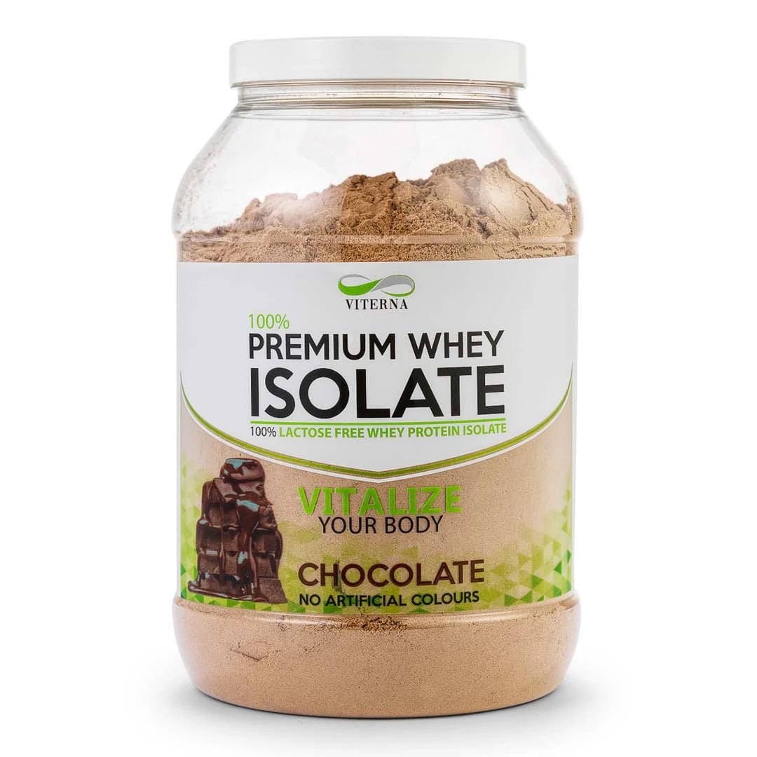 Viterna 100% Premium Whey Isolate 2 kg proteinpulver i en transparent burk med grönvit etikett för smaken Chocolate.