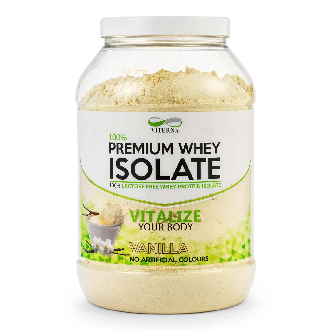 Viterna 100% Premium Whey Isolate 2 kg i en transparent burk med vit etikett för smaken Vanilla., bild 3 av 3