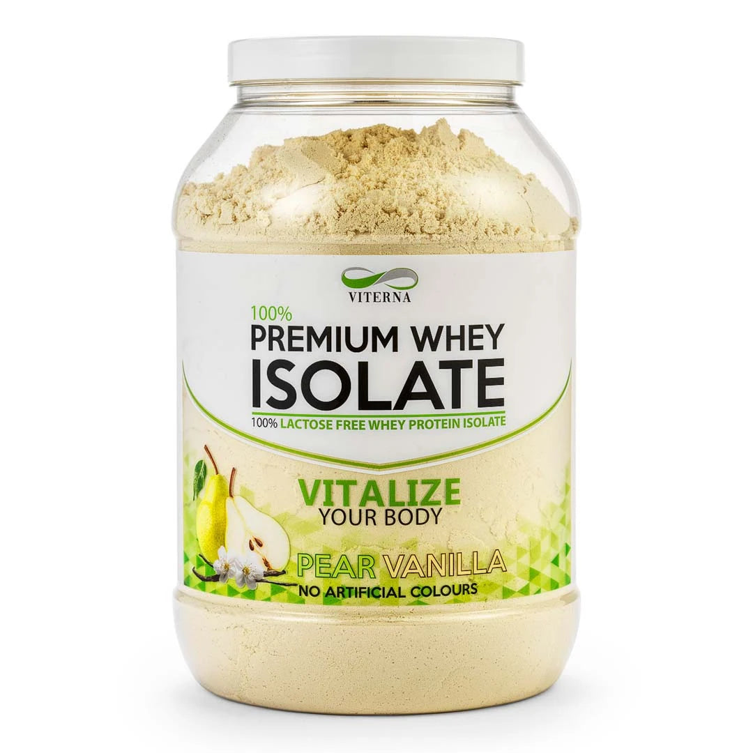 Viterna 100% Premium Whey Isolate 2 kg proteinpulver i en transparent burk med vit etikett för smaken Pear Vanilla.