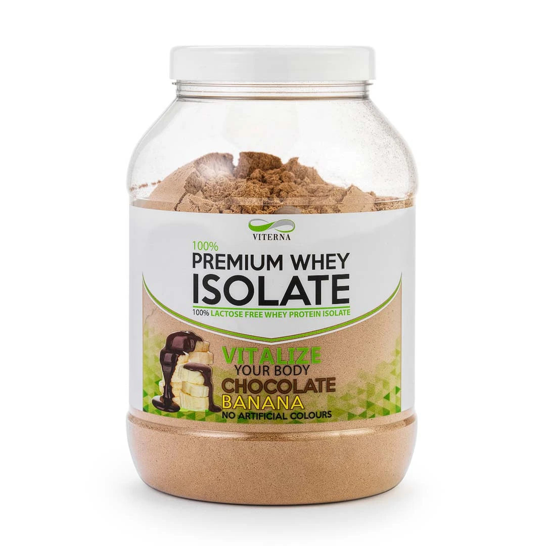 Viterna 100% Premium Whey Isolate 2 kg proteinpulver i en transparent burk med smak av Chocolate Banana.