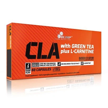 Olimp CLA & Green Tea + L-carnitine 60 caps förpackning i orange och vit färg för fettförbränning.
