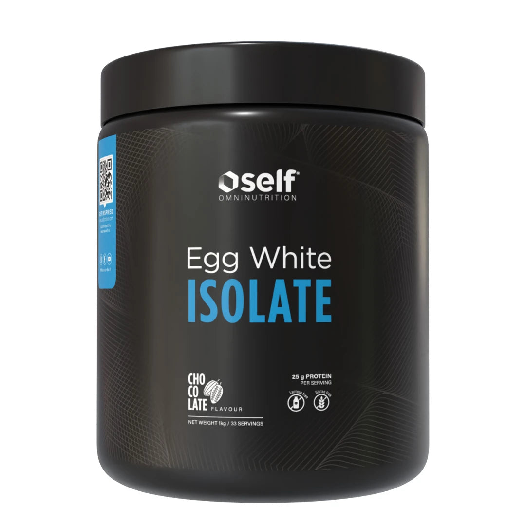 Self Omninutrition Egg White Isolate 1 kg proteinpulver i en svart burk med blå och vita detaljer för smaken Chocolate.