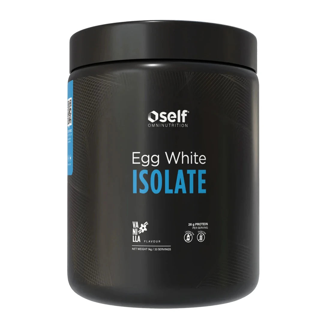 Self Omninutrition Egg White Isolate 1 kg proteinpulver i en svart burk med blå detaljer för smaken Vanilla.