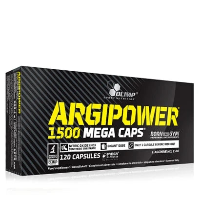 Olimp ArgiPower 1500 Mega caps 120 caps l-arginin i en svart kartong med gul text och sportig design.