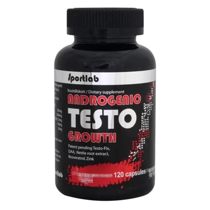 Sportlab Androgenic Testo Growth 120 caps i en svart burk med röd och vit text för ökad testosteronproduktion.