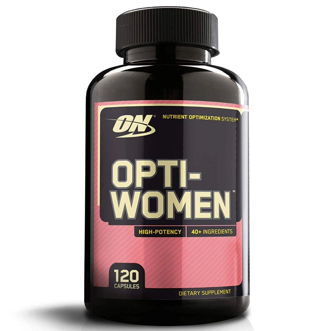 Optimum Nutrition Opti-Women 120 tabs multivitamin för kvinnor i en svart burk med rosa och vit etikett.