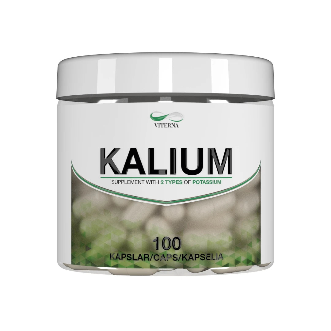 Viterna Kalium 100 caps i en vit burk, ett kosttillskott för normal muskel- och nervfunktion.