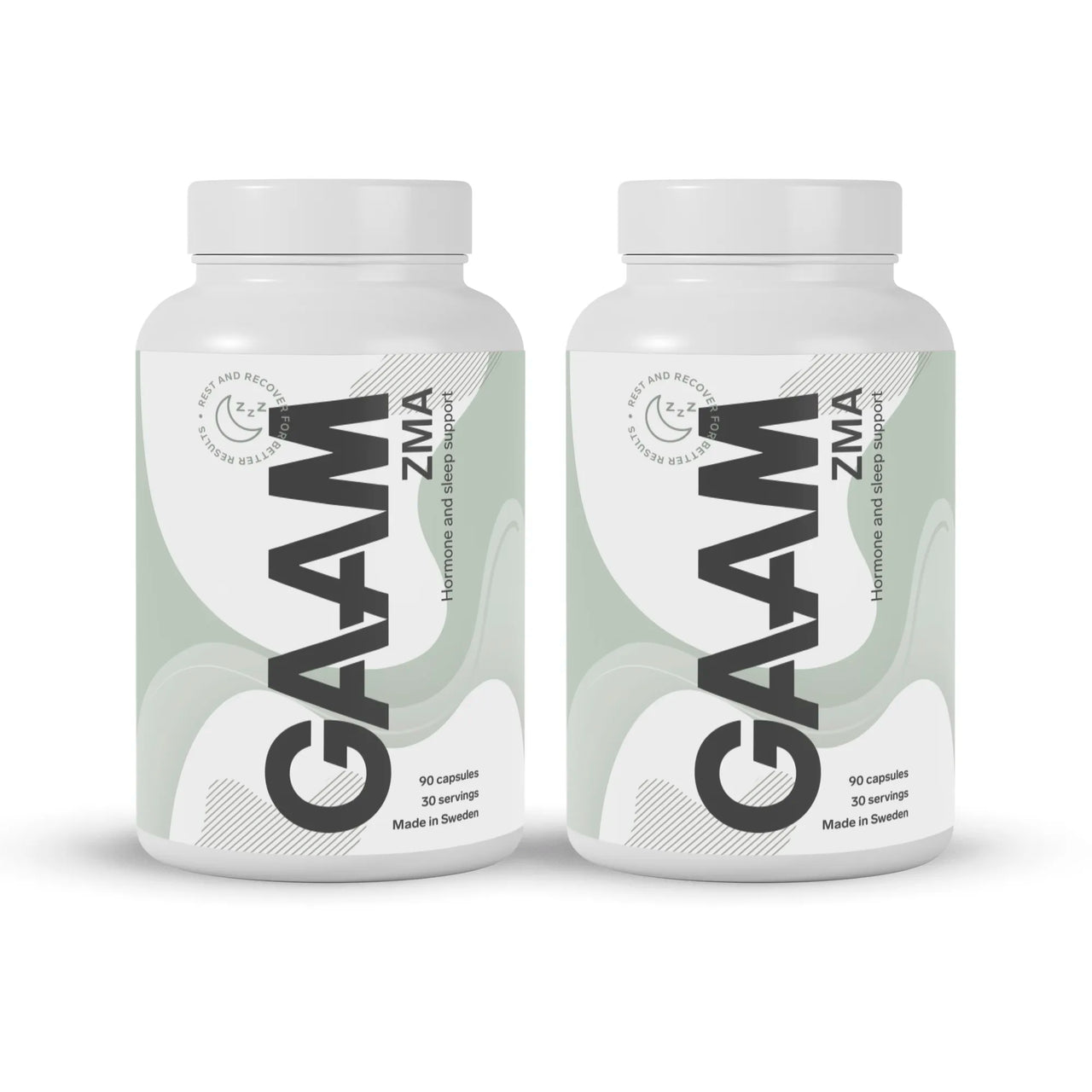 2 x GAAM ZMA 90 caps i två vita burkar med ljusgrön etikett och svart text.