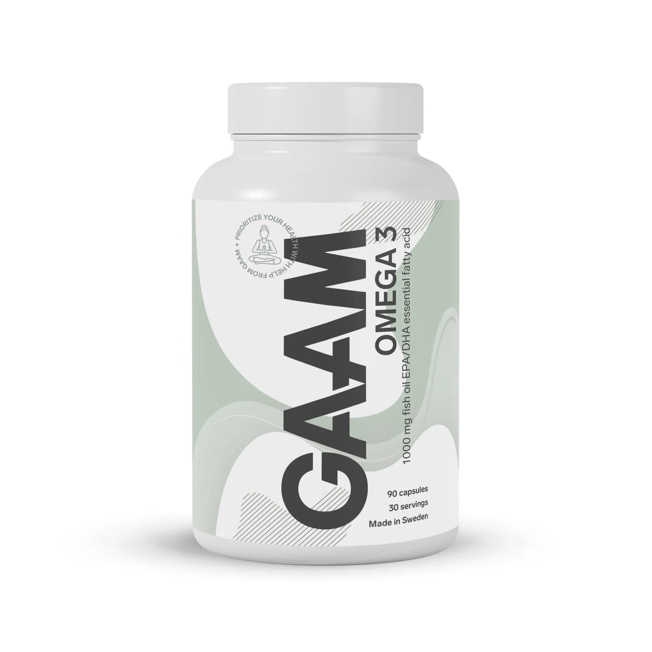 Vit burk med GAAM Omega-3 90 caps kosttillskott, med ljusgrön och vit etikett med svart text.