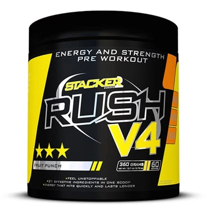 Stacker2 Rush V4 360 g pre-workout i pulverform förpackad i en svart burk med gula och vita detaljer samt smak av Fruit Punch.