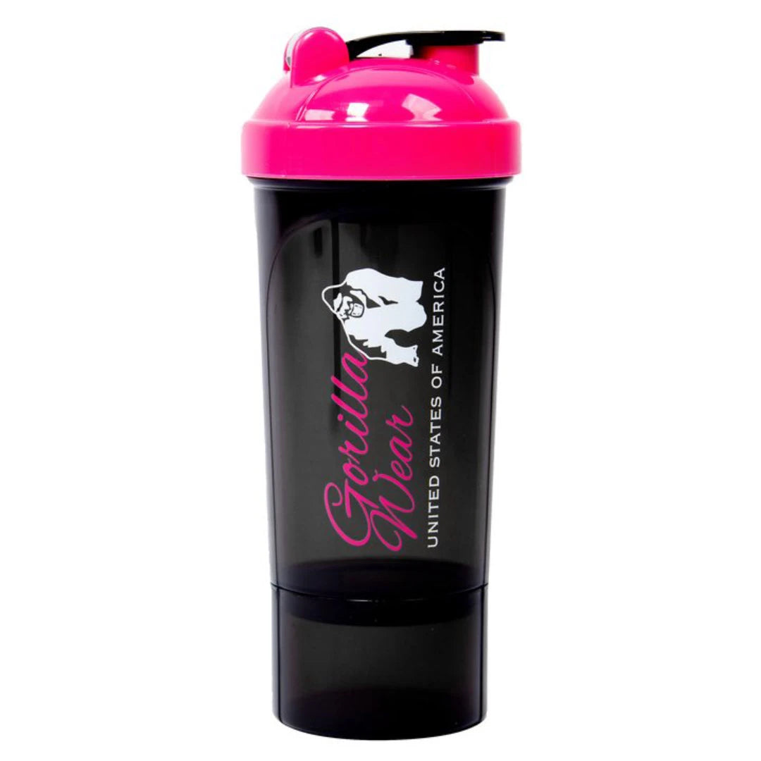 Svart och rosa Gorilla Wear Compact Shaker Black & Pink med separat förvaringsbehållare för pulver eller tabletter.