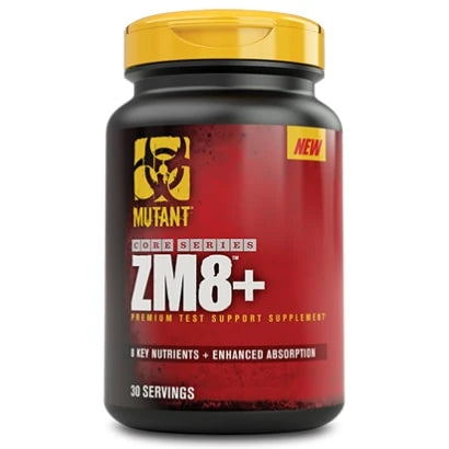 Mutant Nutrition ZM8+ 90 caps i en svart burk med gult lock och röd etikett, ett ZMA-kosttillskott.