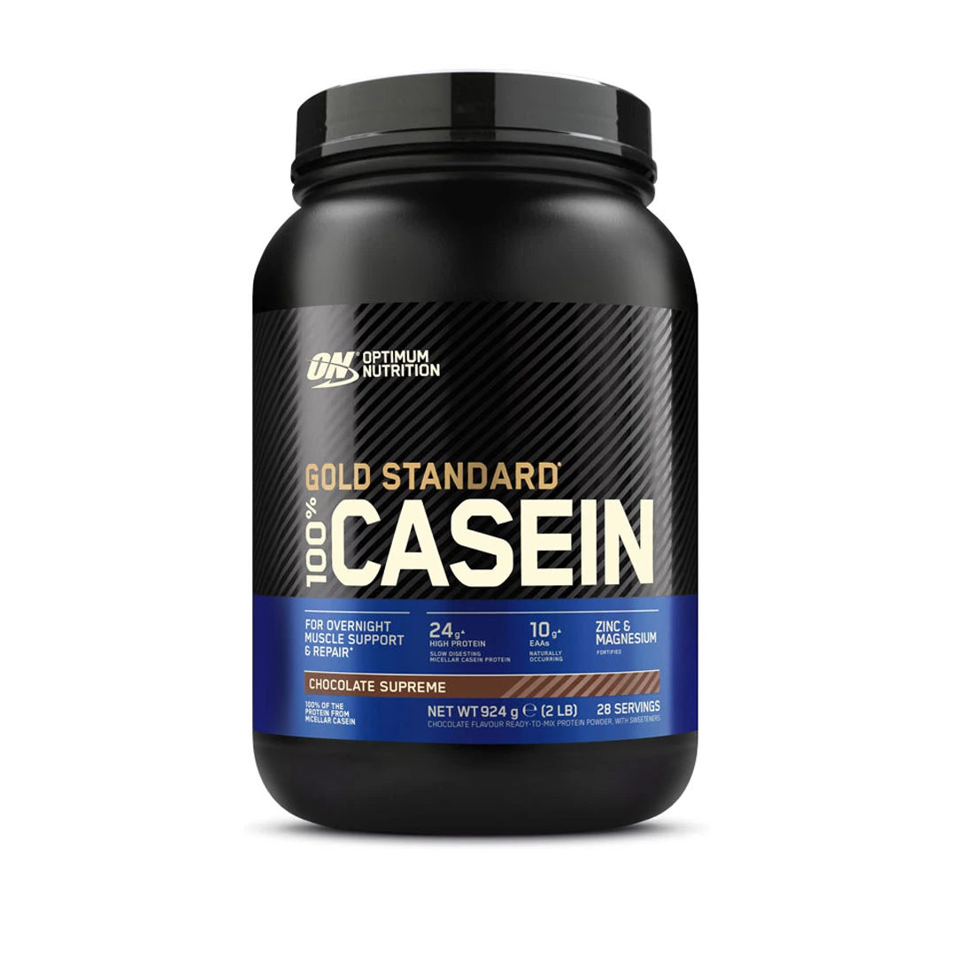 Optimum Nutrition 100% Casein Gold Standard 908 g kaseinprotein i en svart burk med blå detaljer.