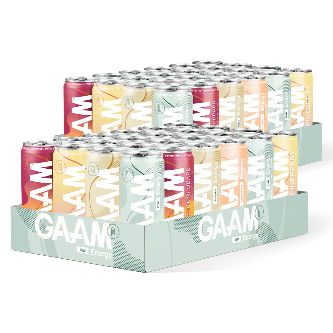 48 x GAAM Energy 330 ml Mixflak med två ljusgröna flak fyllda med färgglada energidrycksburkar i olika smaker.