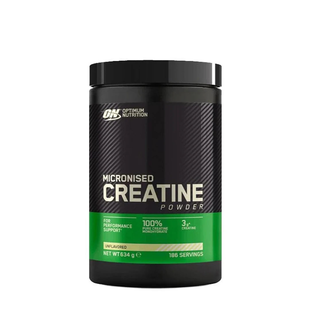Optimum Nutrition Creatine Powder 634 g i en svart burk med gröna detaljer.