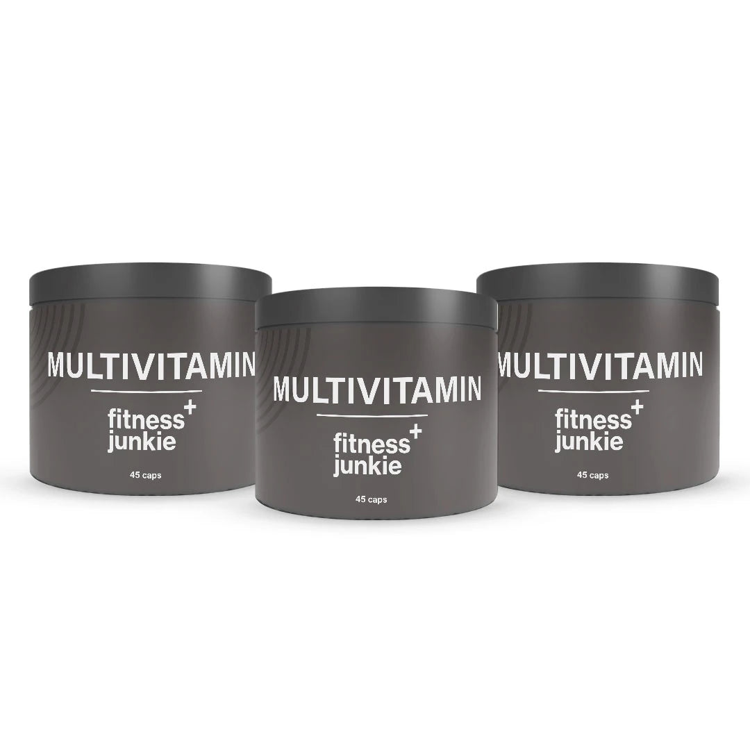 3 x fitnessjunkie Multivitamin 45 caps i tre mörkgrå burkar med vit text.