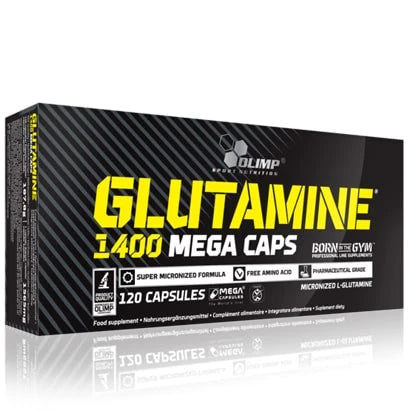 Olimp Glutamine 1400 Mega caps 120 caps aminosyror i kapselform, svart förpackning med framträdande gul text.