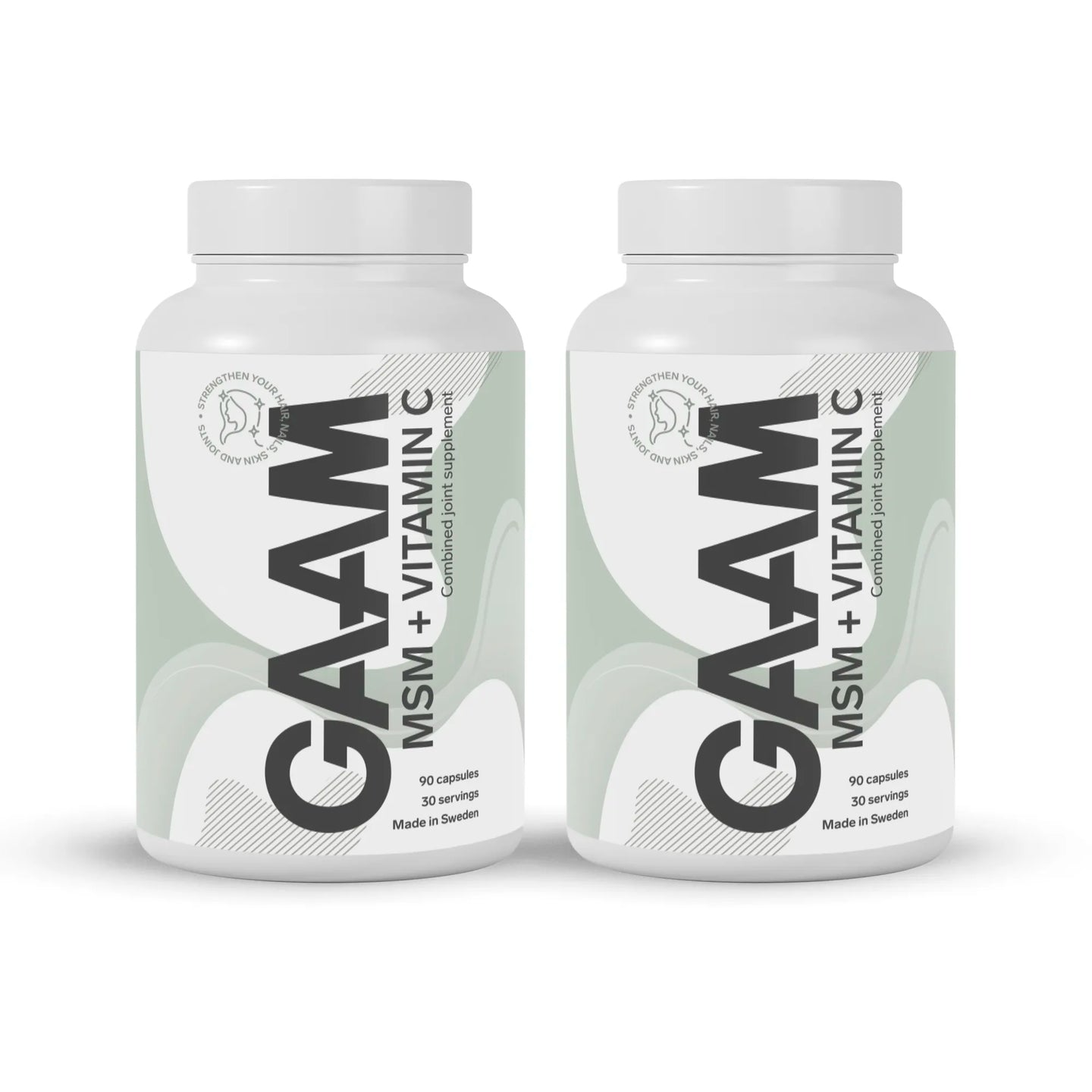 2 x GAAM MSM + Vitamin C 90 caps i två vita burkar med ljusgröna och mörkgrå detaljer på etiketterna.