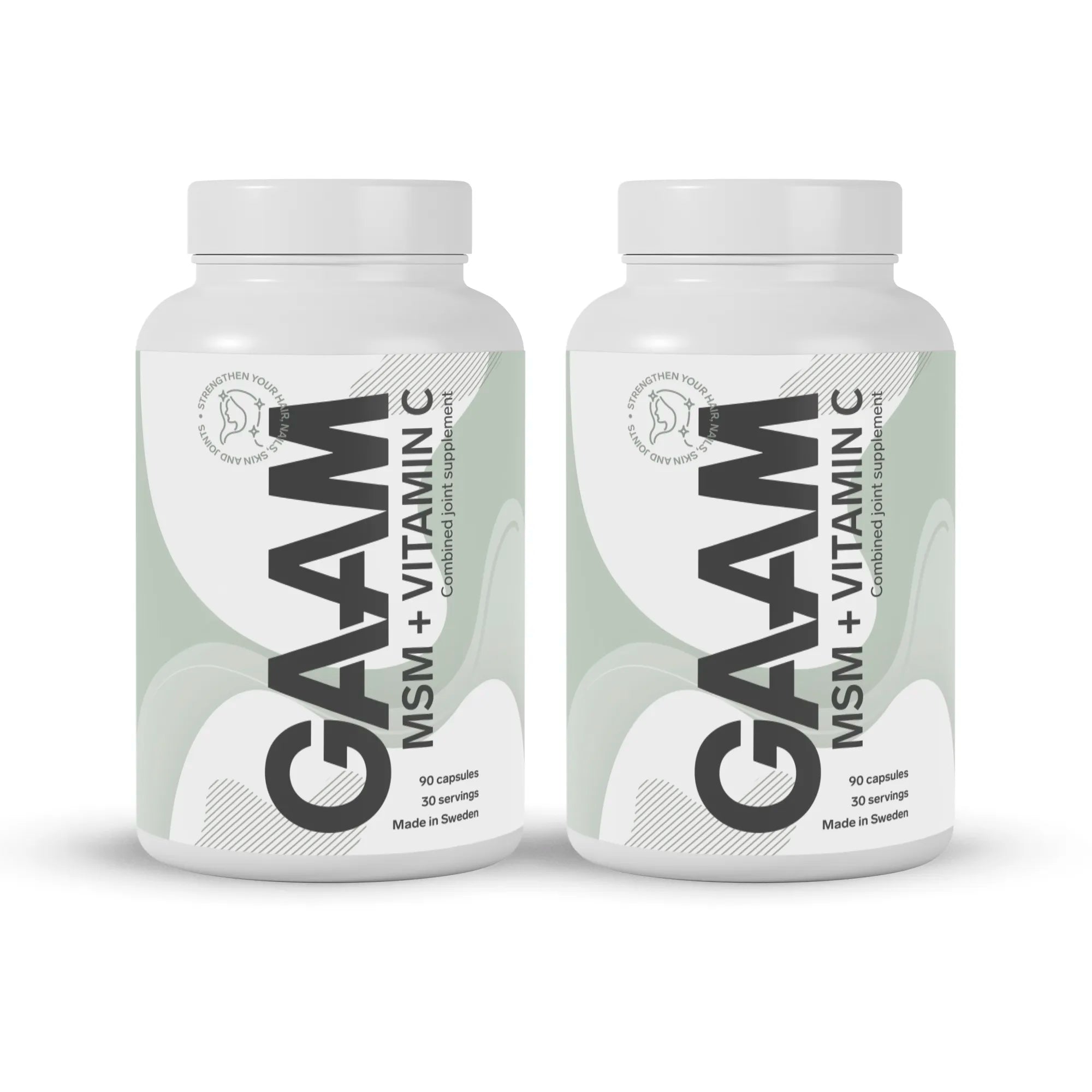 2 x GAAM MSM + Vitamin C 90 caps i två vita burkar med ljusgröna och mörkgrå detaljer på etiketterna.