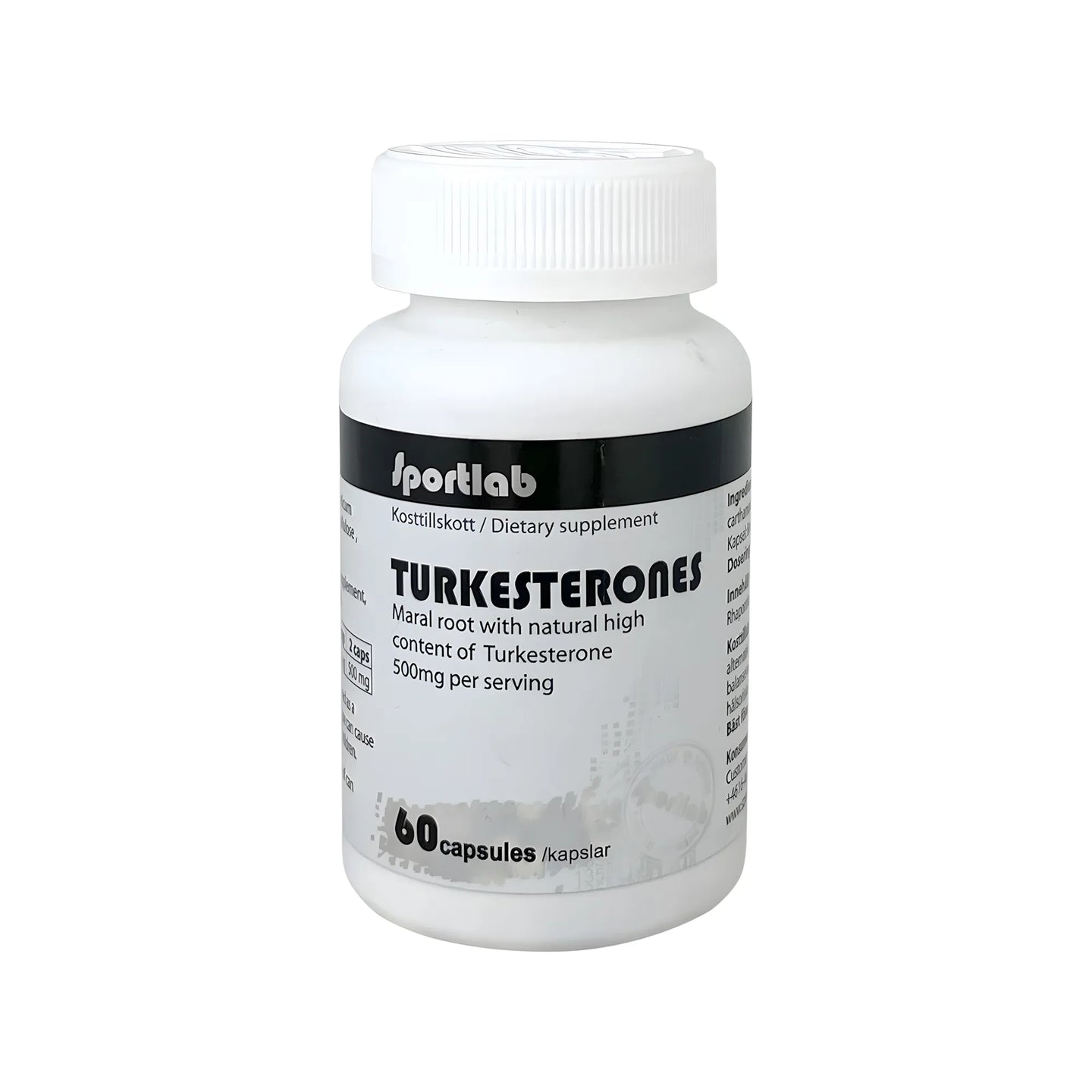 Sportlab Turkesterone 60 caps kosttillskott i en vit burk med svarta detaljer och text för testosteronhöjare.
