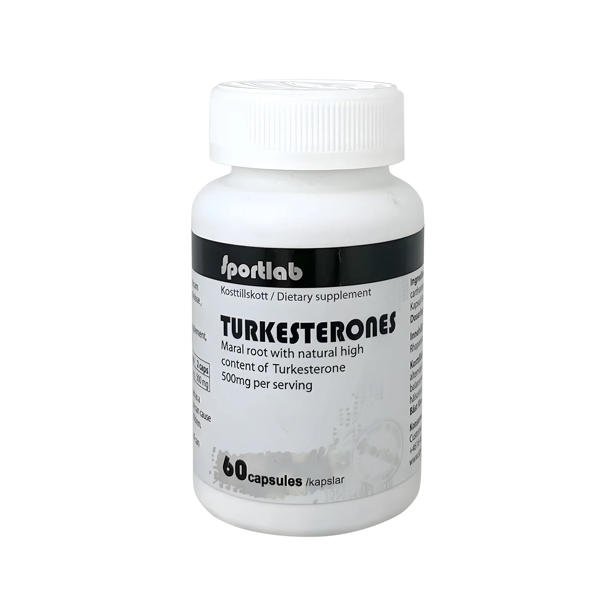 Sportlab Turkesterone 60 caps kosttillskott i en vit burk med svarta detaljer och text för testosteronhöjare.
