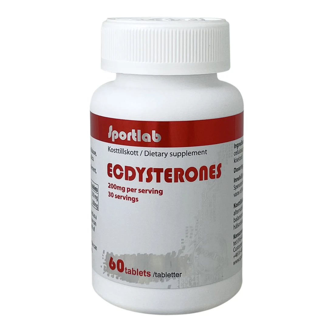 Sportlab Ecdysterone 60 tabs kosttillskott förpackad i en vit plastburk med röda detaljer.