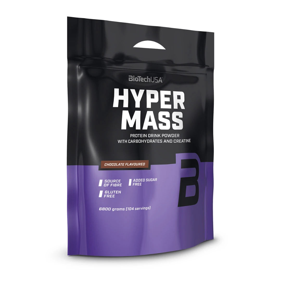 BioTechUSA Hyper Mass 6.8 kg gainer i pulverform förpackad i en svart och lila påse med chokladsmak.