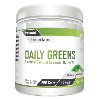 Fairing Daily greens 250 g kosttillskott i en vit plastburk med gröna detaljer och smaken Delicious Green Tea.