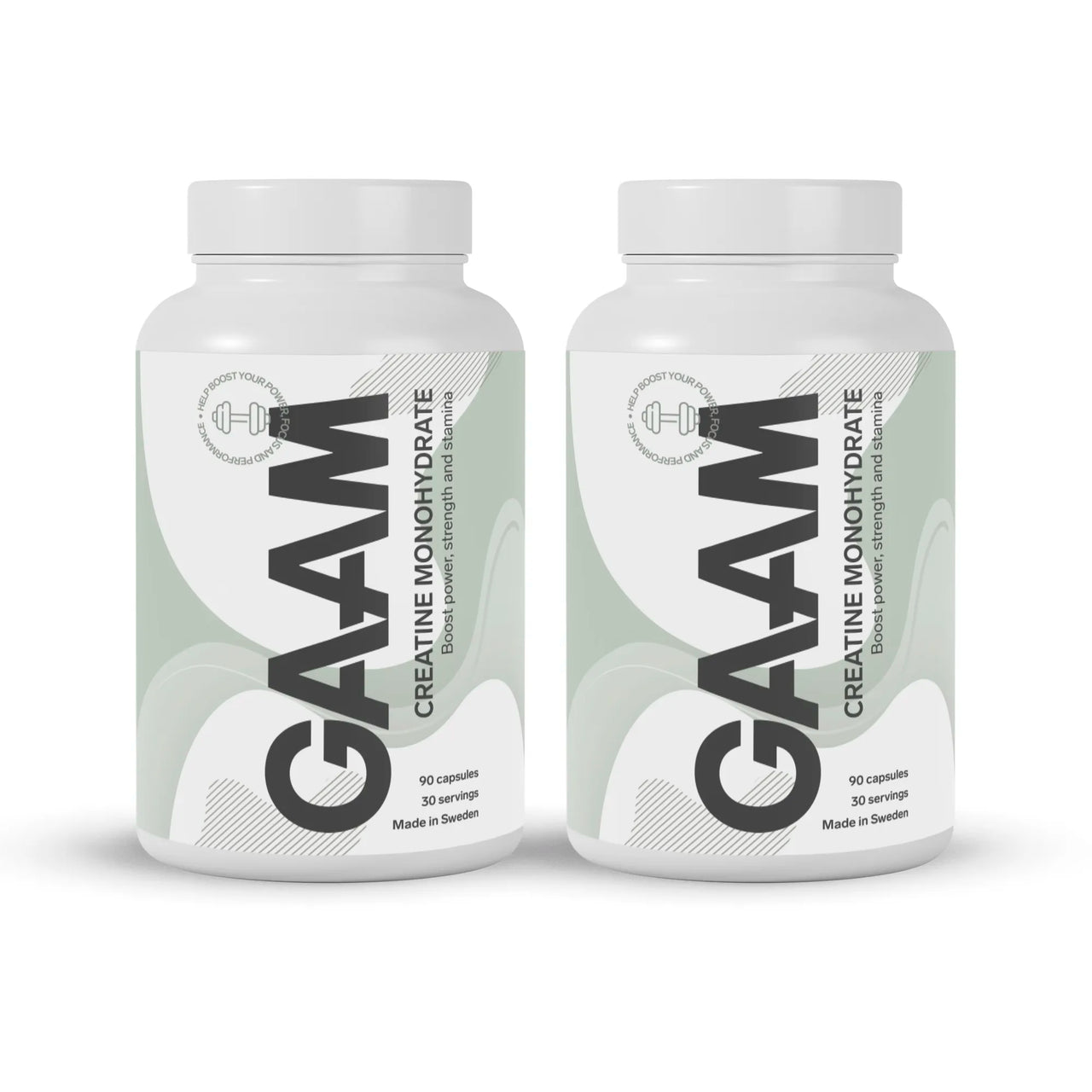 2 x GAAM Creatine Monohydrate 90 caps i vita burkar med grå och gröna detaljer.
