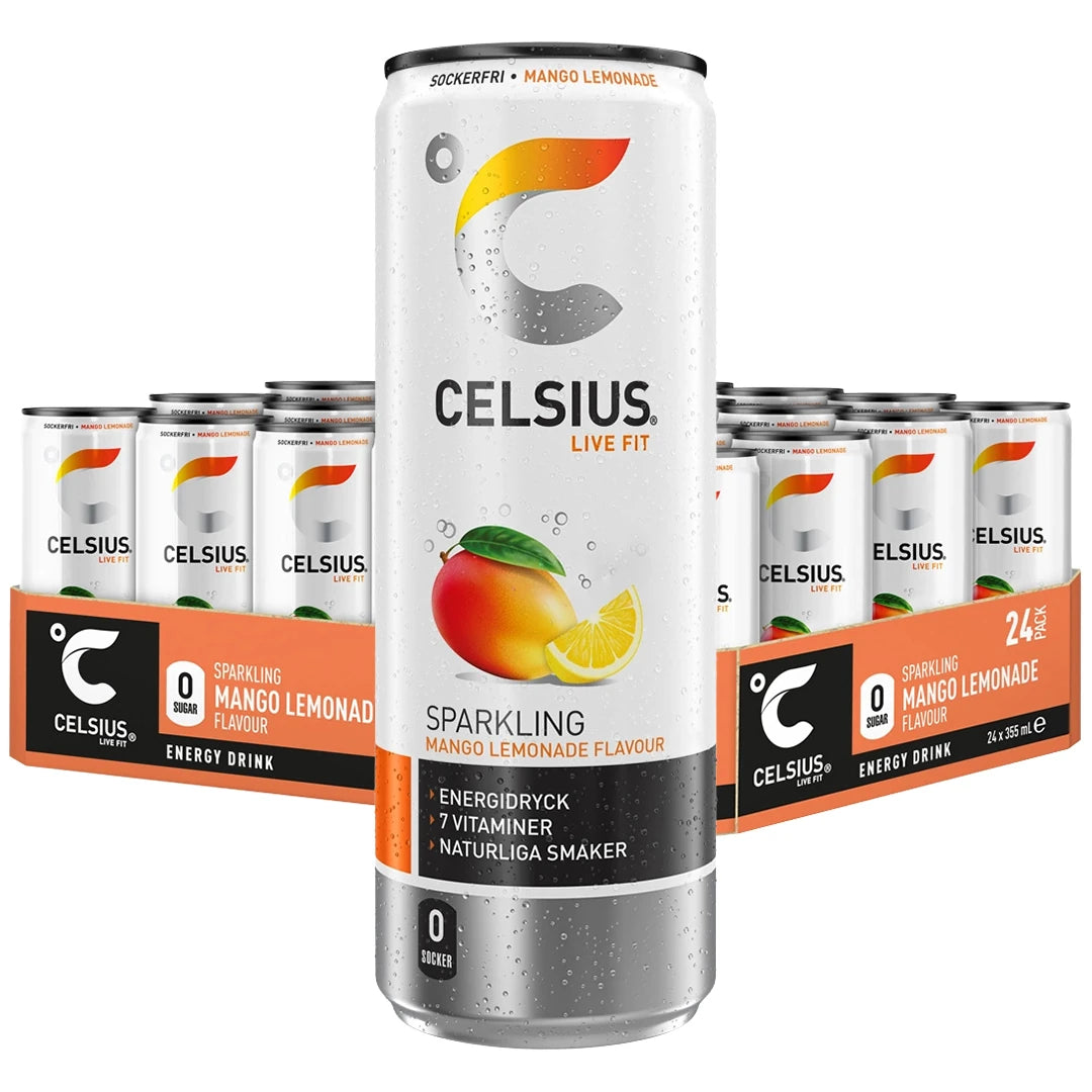 Ett flak med 24 x Celsius 355 ml Mango Lemonade, vita energidrycksburkar med färgglada detaljer och fruktmotiv.