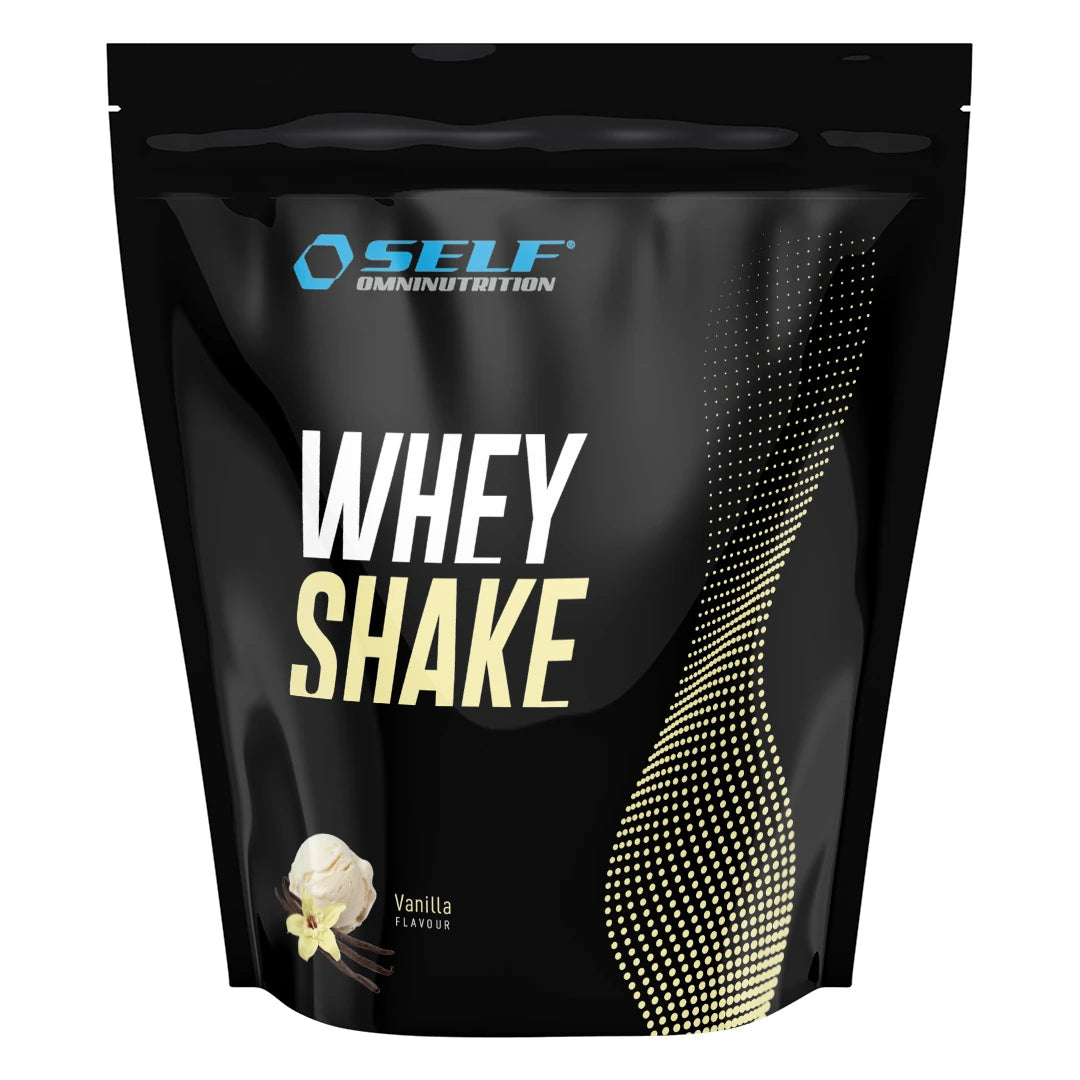 Self Omninutrition Whey Shake 1 kg proteinpulver, förpackad i en svart påse med motiv för smaken Vanilla.