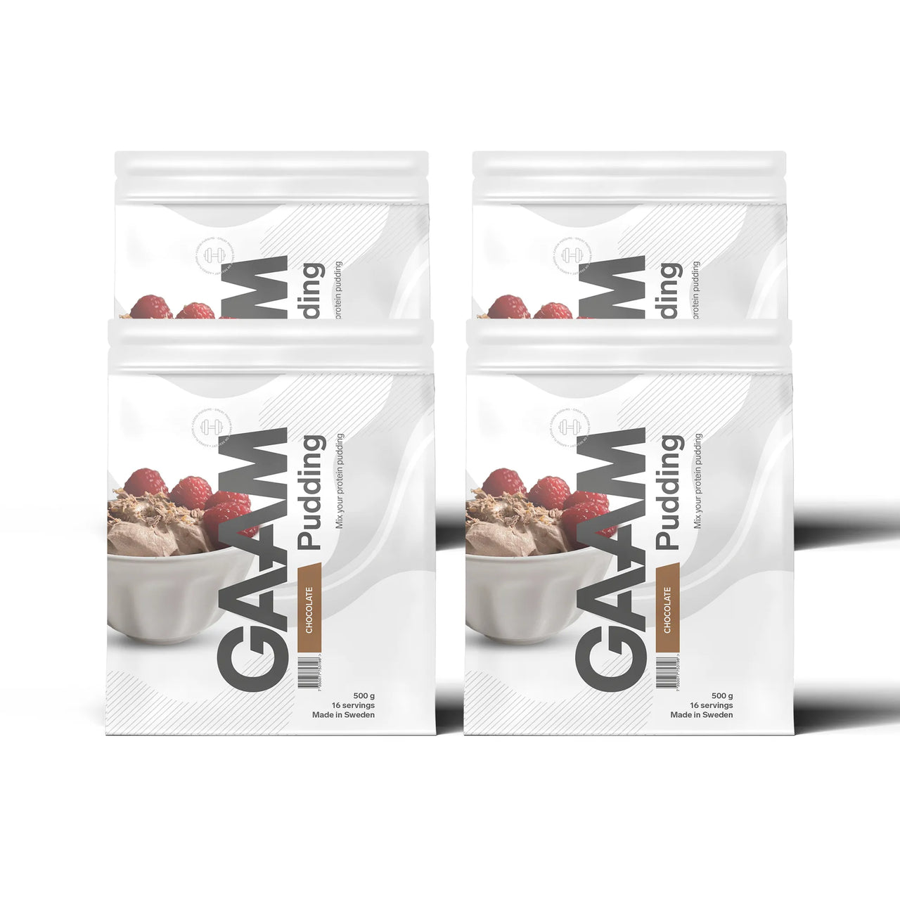 4 x GAAM Pudding 500 g i vita påsar för smaken choklad, med en bild på krämig chokladpudding och hallon.