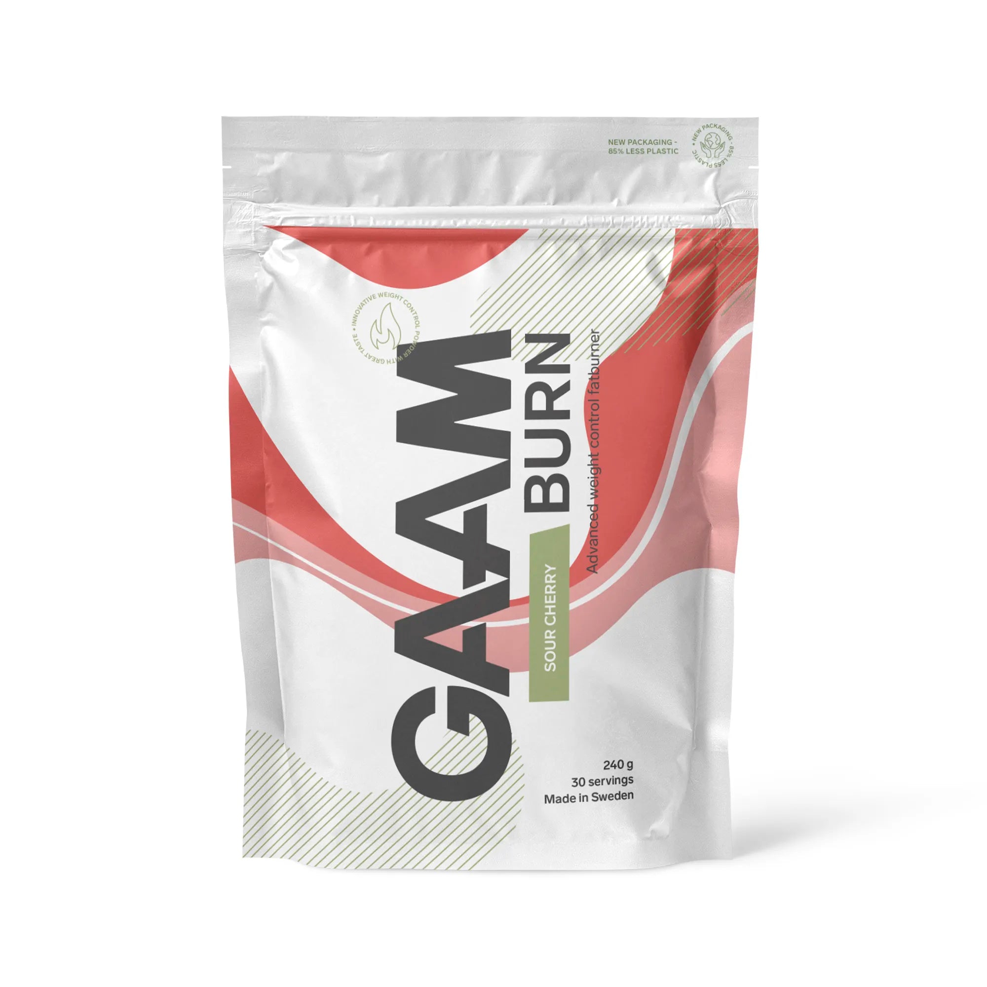 GAAM Burn 240 g pulver i en vit påse med röda detaljer för smaken Sour Cherry., bild 5 av 7