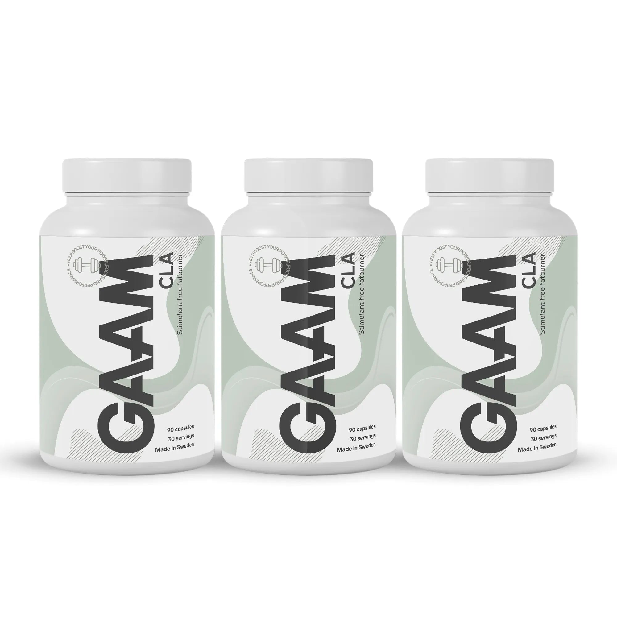 3 x GAAM CLA 90 caps i tre vita burkar med grön och vit etikett för stimulantfri fettförbränning.