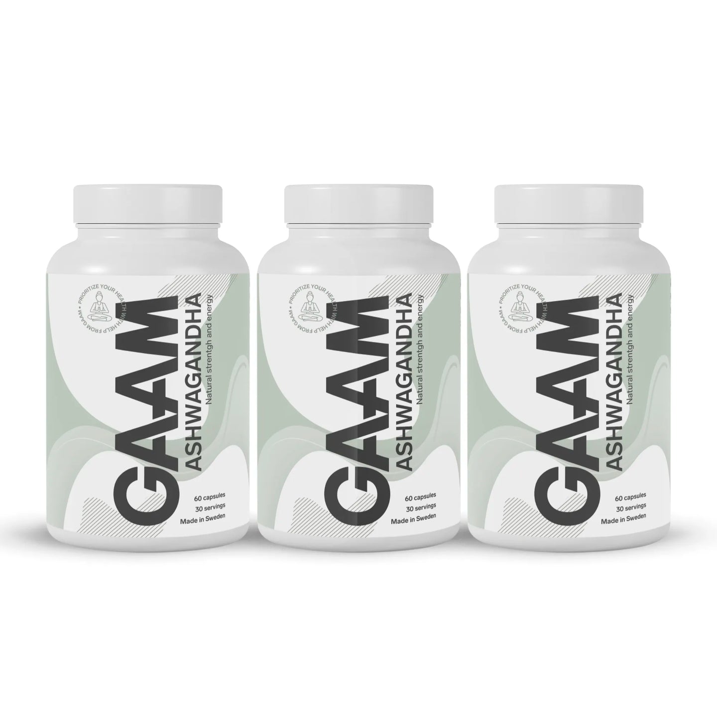 3 x GAAM Ashwagandha 60 caps i ett storpack bestående av tre vita burkar med ljusgröna detaljer.