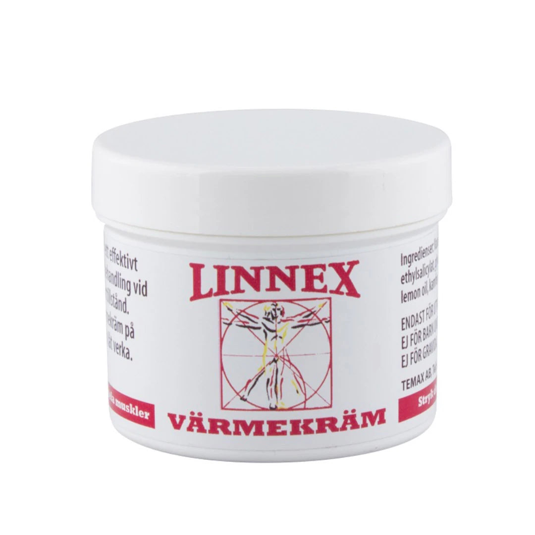 Linnex Värmekräm Liniment 100 ml förpackad i en vit burk med röda detaljer.
