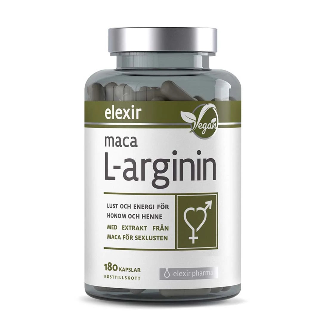 Elexir Pharma Maca L-arginin 180 caps i en genomskinlig plastburk med silverlock och vit etikett med gröna detaljer.