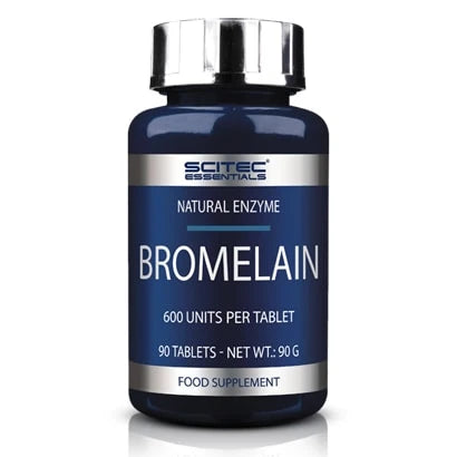 Scitec Nutrition Bromelain 90 caps i en mörkblå burk med silverfärgat lock och etikett.