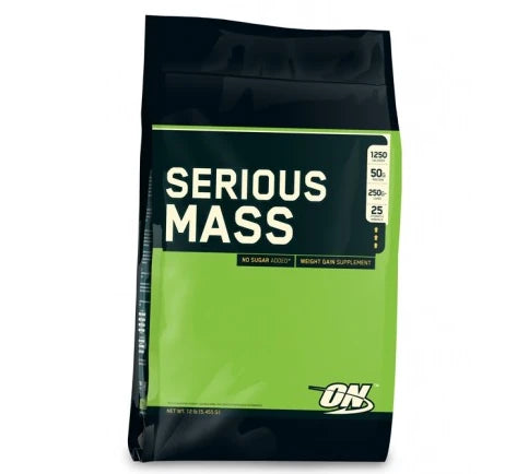 Optimum Nutrition Serious Mass 5.44 kg gainer förpackad i en stor svart och grön påse.