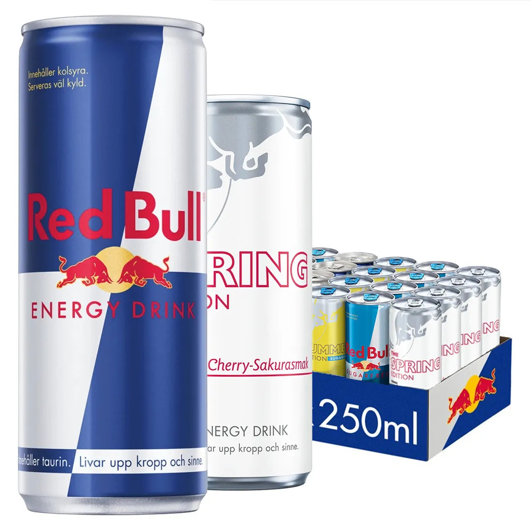 24 x Red Bull Energidryck 250 ml Mixflak med två burkar framför ett blått flak fyllt med flera olika smaker.