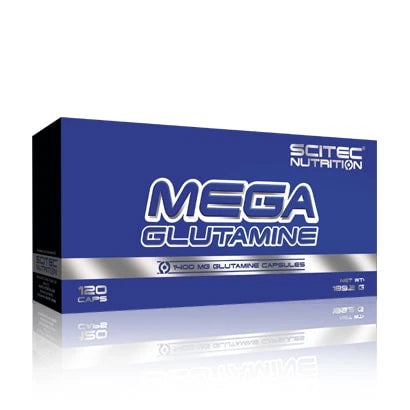 Scitec Nutrition Mega Glutamine 120 caps aminosyratillskott i en blå kartong med silvriga detaljer.