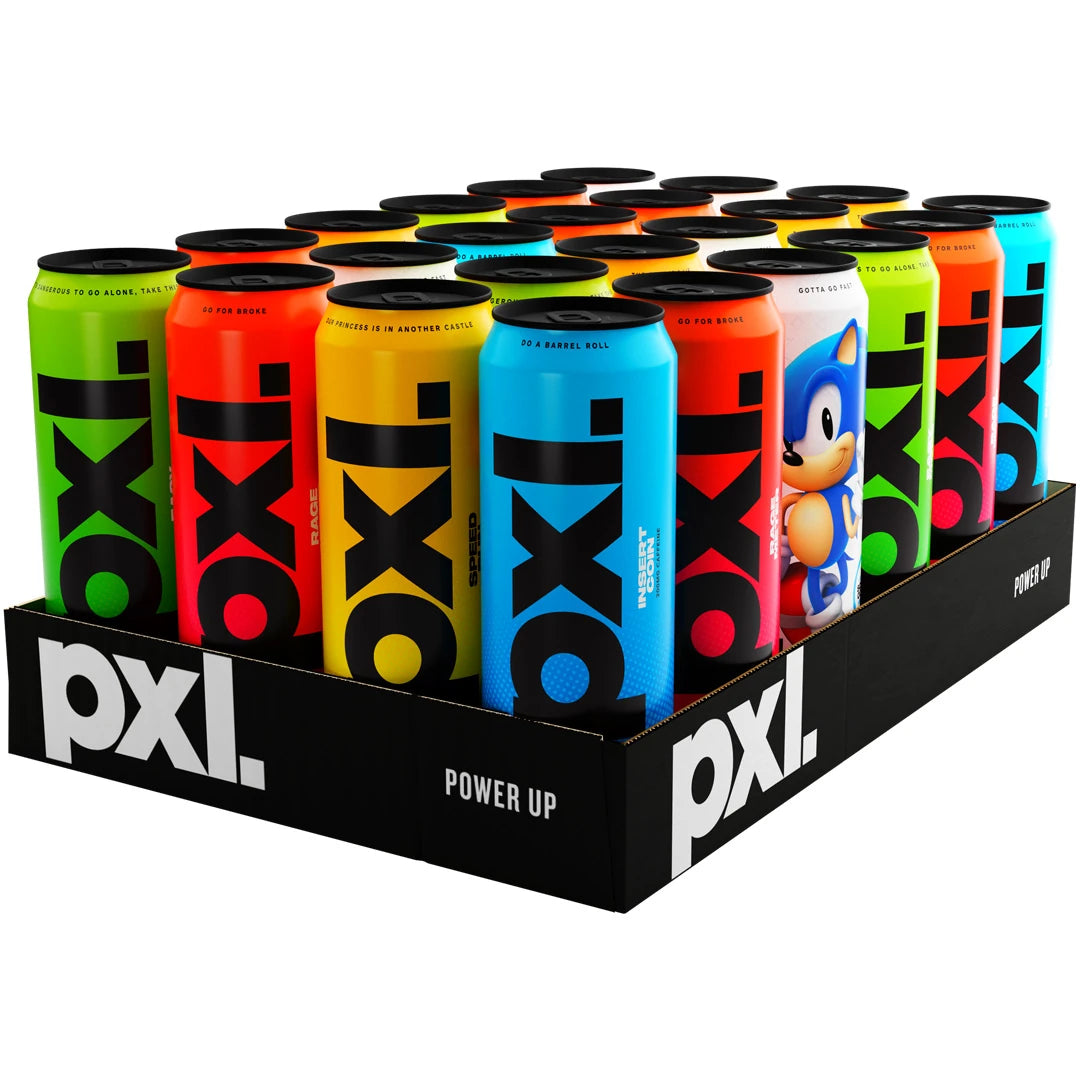 24 x PXL Energy 500 ml Mixflak i ett svart flak med färgglada energidrycksburkar i olika smaker.