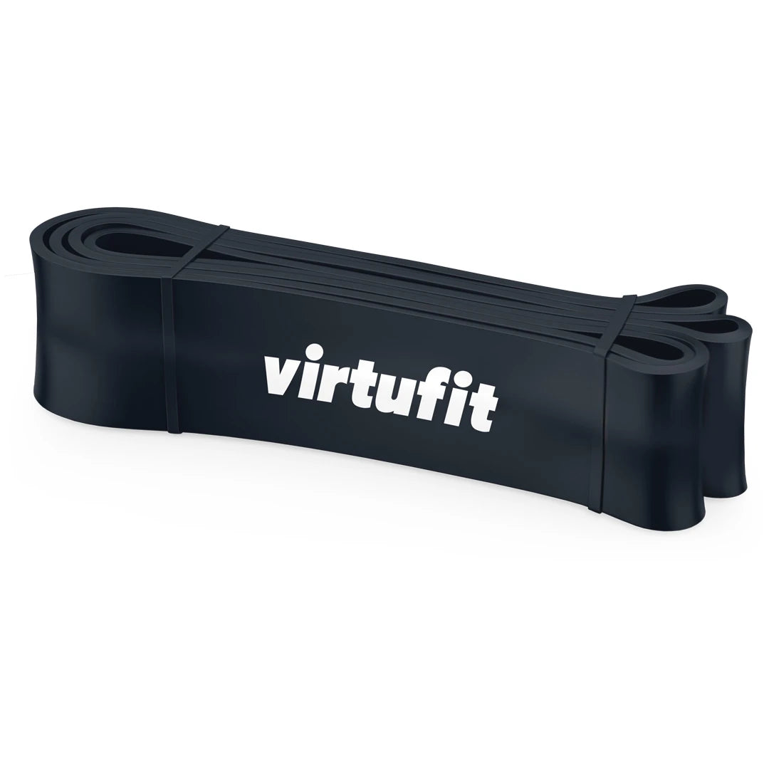Virtufit Power Band Extra Strong, ett brett svart träningsband med vit logotyp för flexibel och effektiv träning.